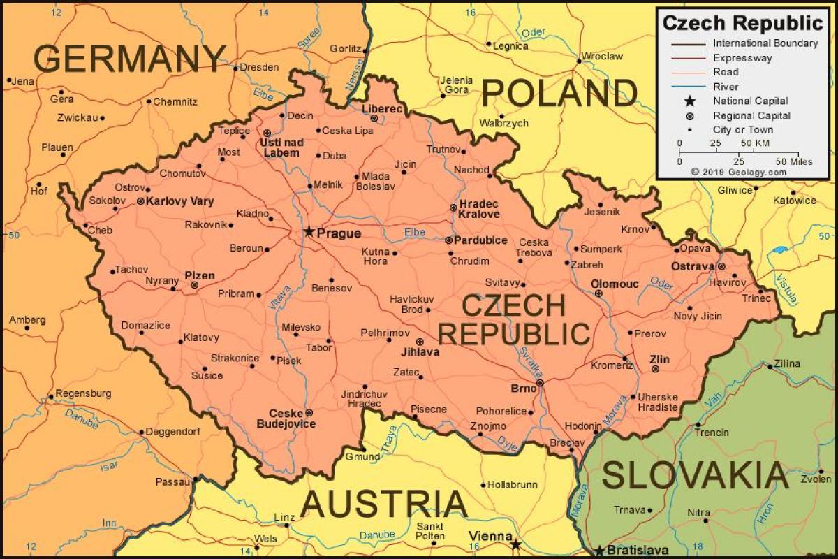 Mapa de la República Checa (Checoslovaquia) y países limítrofes
