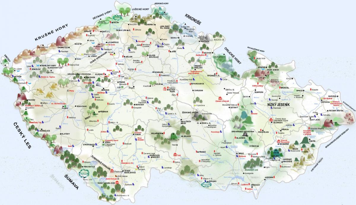 Mapa de atracciones turísticas de la República Checa (Checoslovaquia)