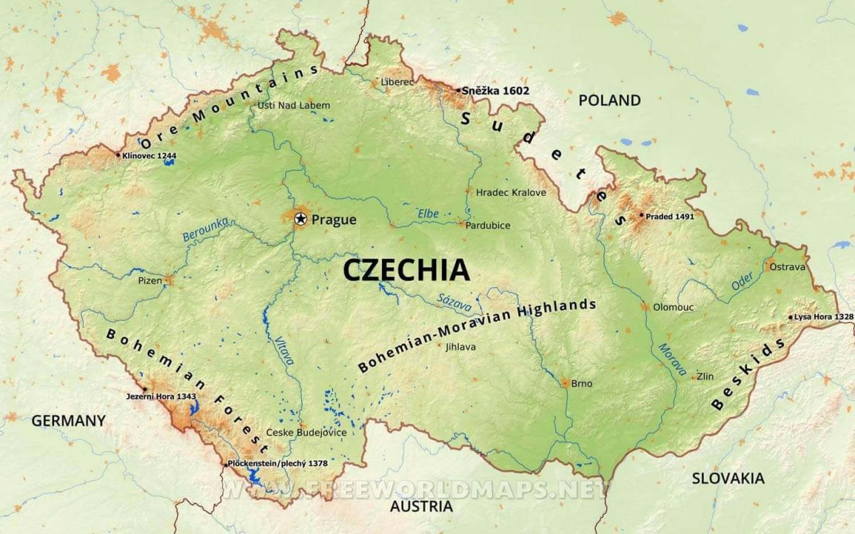 Mapa de las montañas de la República Checa (Checoslovaquia)