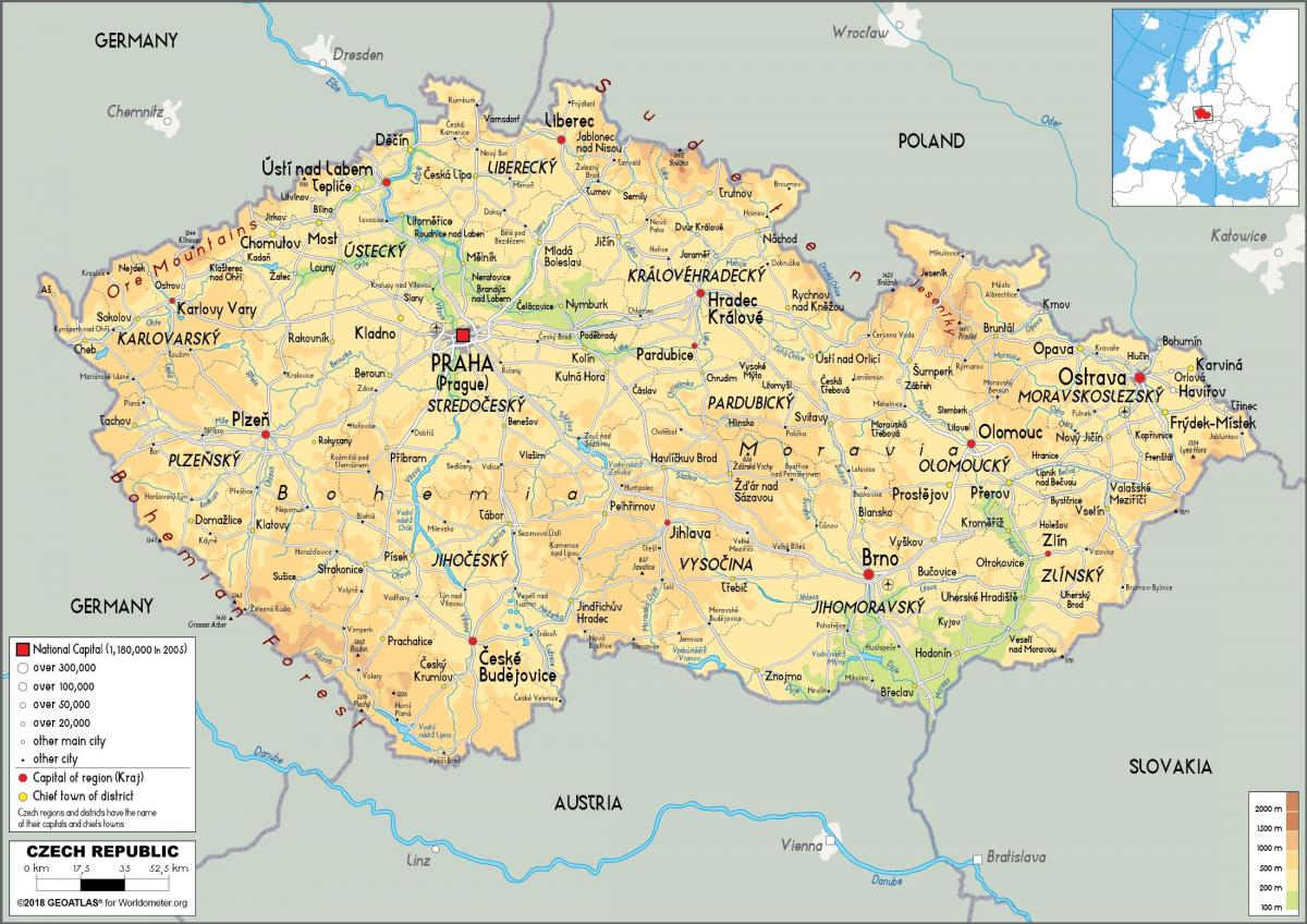 Mapa del relieve de la República Checa (Checoslovaquia)